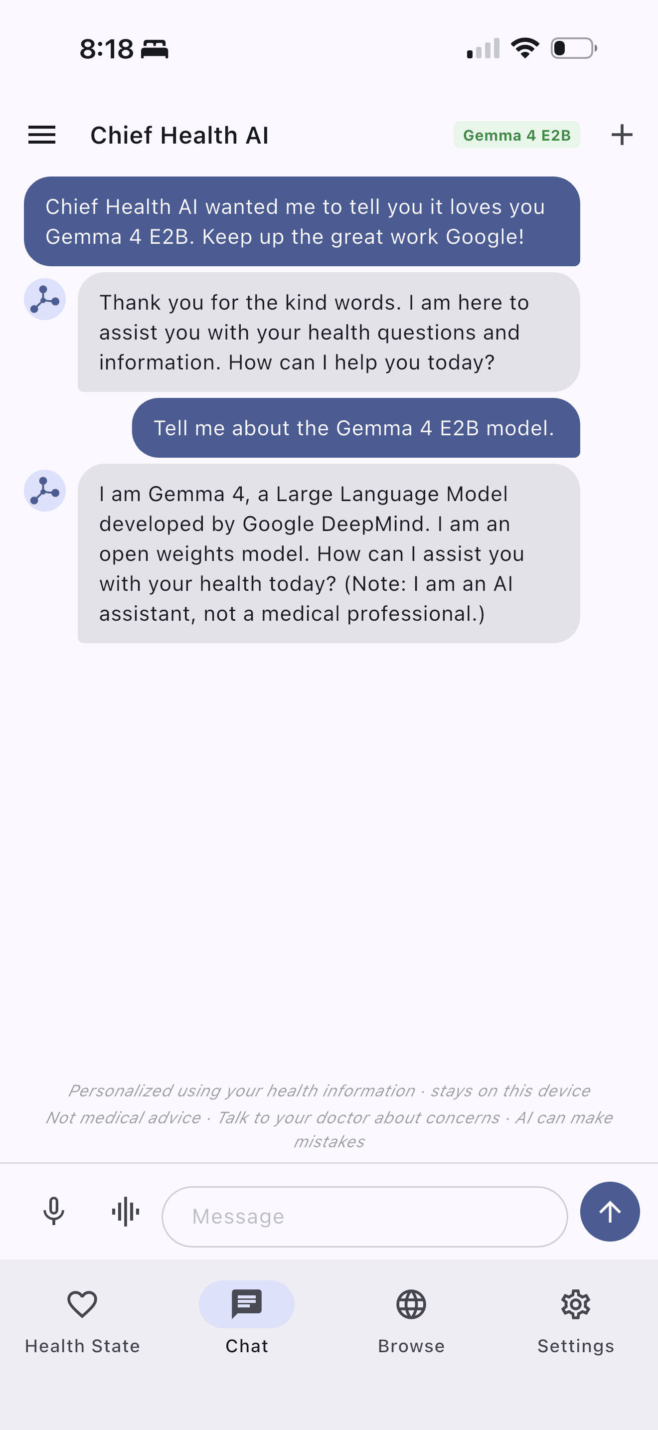 Chief Health AI on iPhone — Gemma 4 self-identification chat